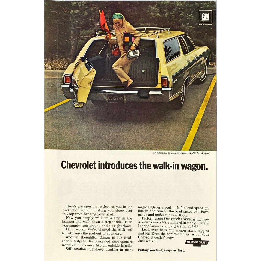 Chevrolet 327-Cubic-inch V8 Walk-in Wagon. "Putting You First" Vtg Print Ad 1969